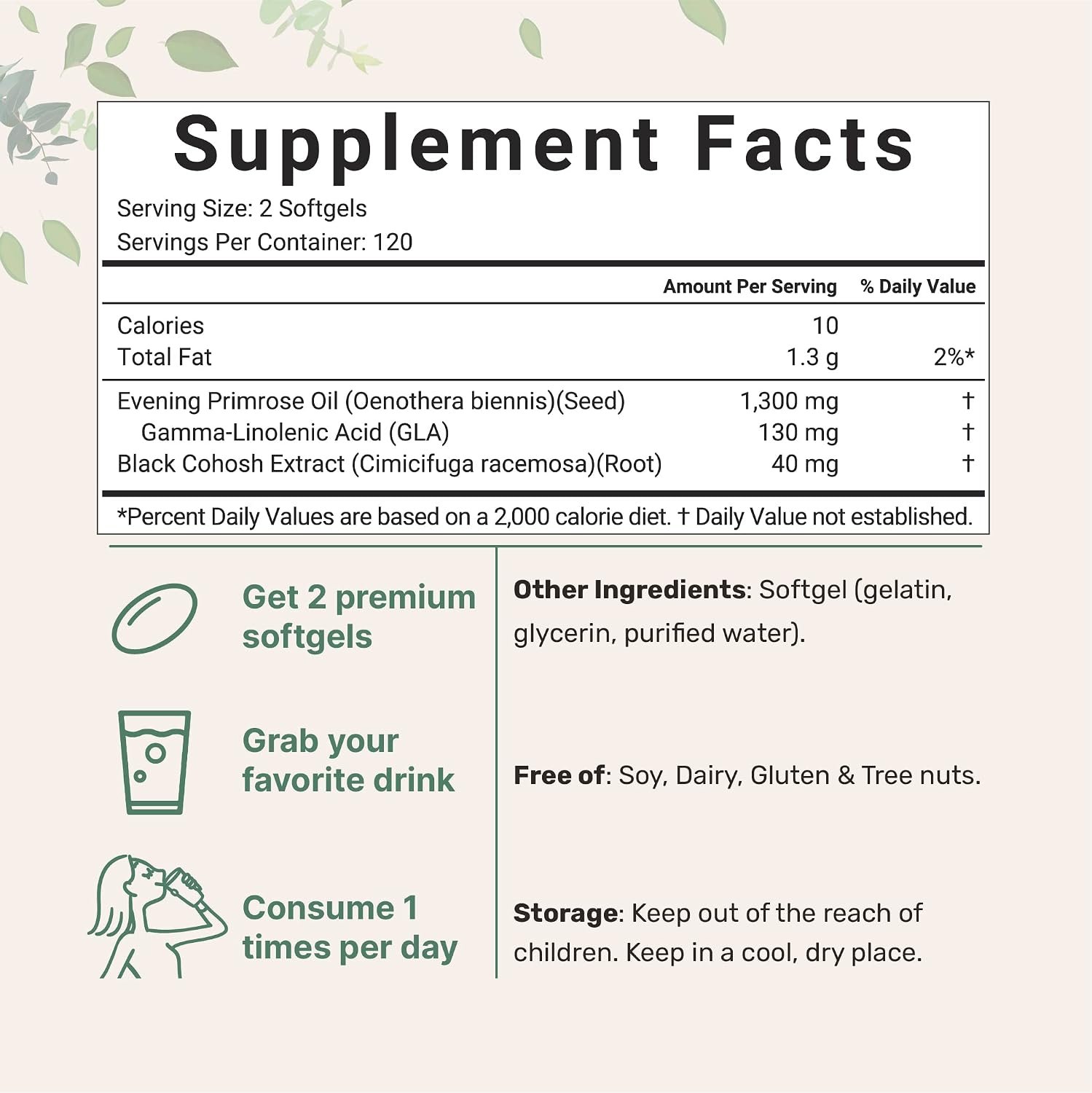 Evening Primrose Oil 1300mg Per Serving, 240 Softgels - Image 3