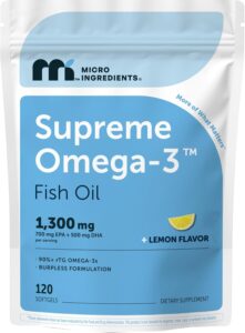  Supreme Omega-3 Fish Oil w/Ultra High EPA & DHA, Burpless Softgels | rTG Omega-3 with Vitamin D3 | Wild-Caught Cold Deep-Sea Fish | Lemon Flavor, Easy to Swallow, 120ct