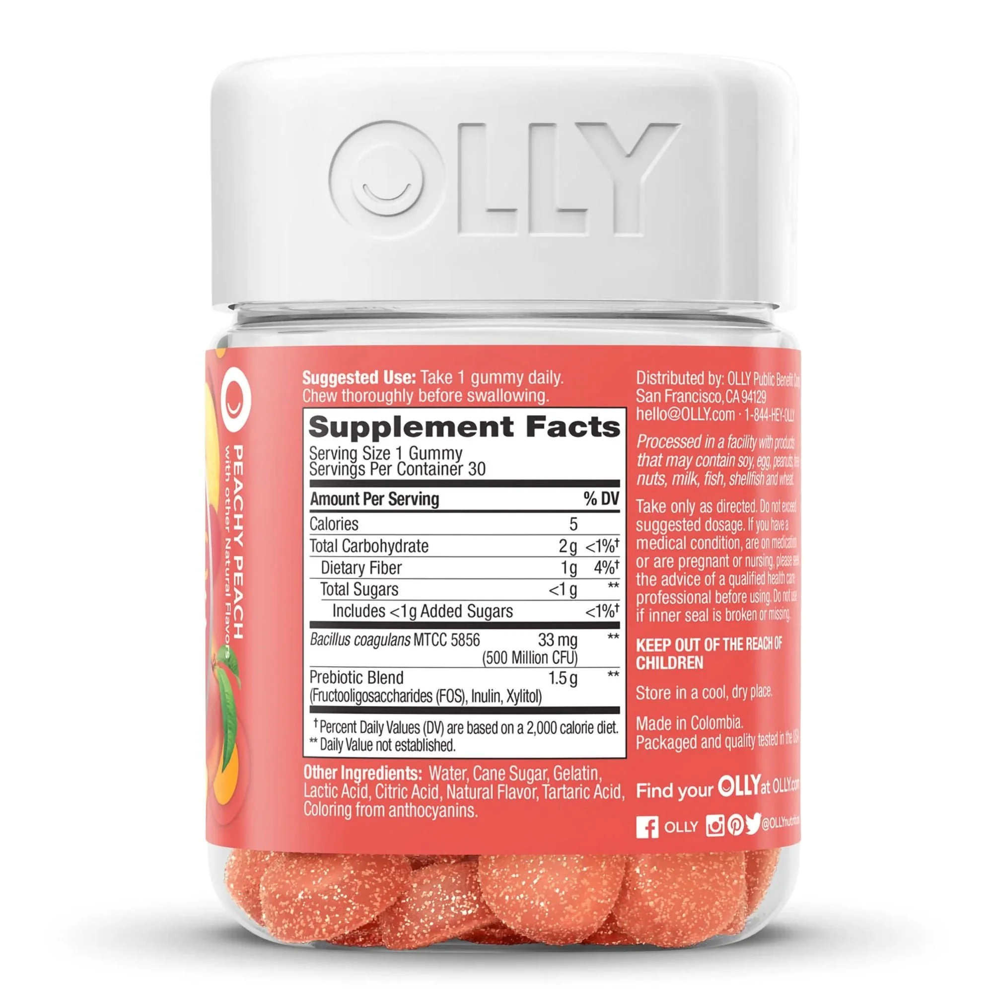 Olly's Probiotic + Prebiotic for a Balanced Belly, Peach-Flavor Gummies (Bottle of 30)